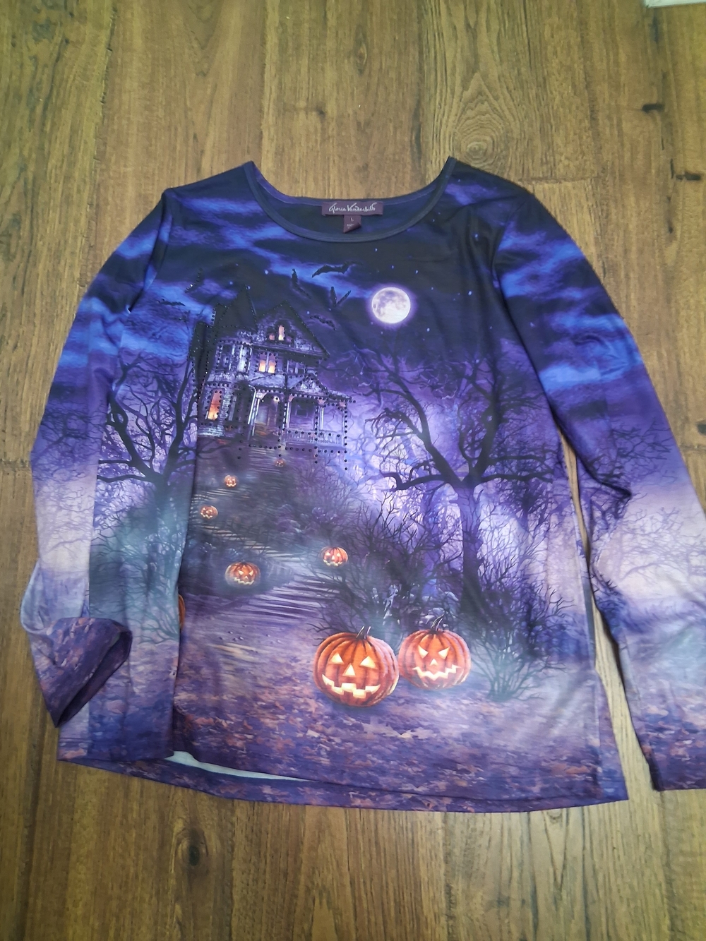Gloria Vanderbilt Purple Halloween Haunted House Long Sleeve Tee